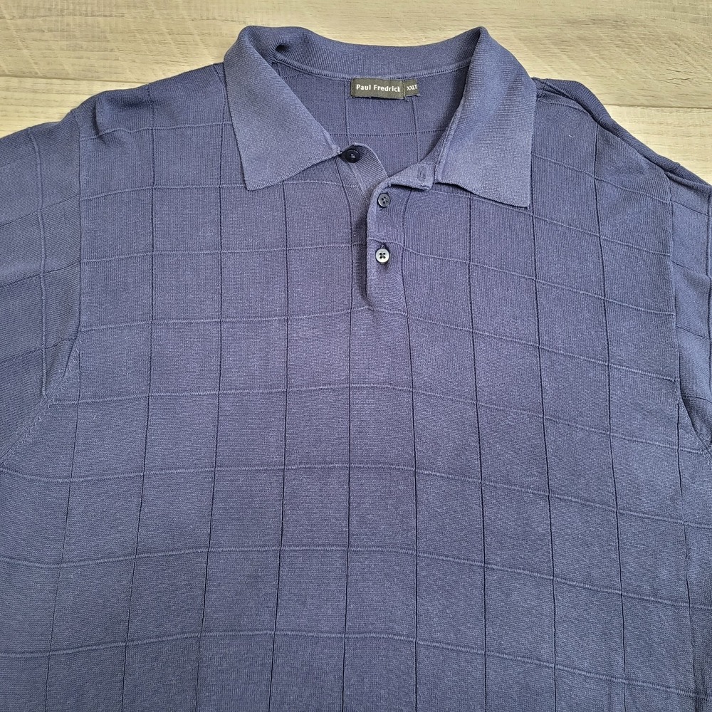 Paul Fredrick Sweater Mens XXLT Blue 100% Silk Short Sleeve Polo Golf Windowpane